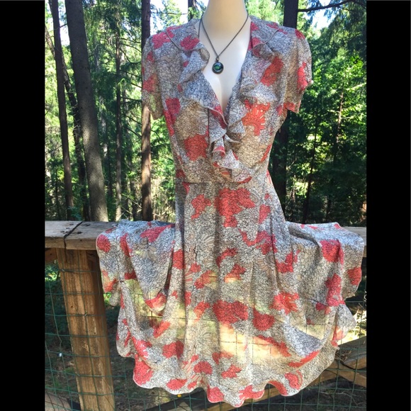 J.B.S. Dresses & Skirts - BBS chiffon flutter crossover  ruffle trim  pink floral dress